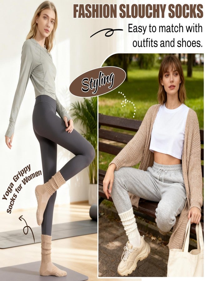 Sandsuced Pilates Grip Slouchy Yoga Socks Winter Warm Cozy Scrunch Boot Grippy Crew Slipper Socks 4 Pairs for Women Gift Stocking Stuffers(Black/Dark khaki/Light khaki/Beige,M) - Image 4